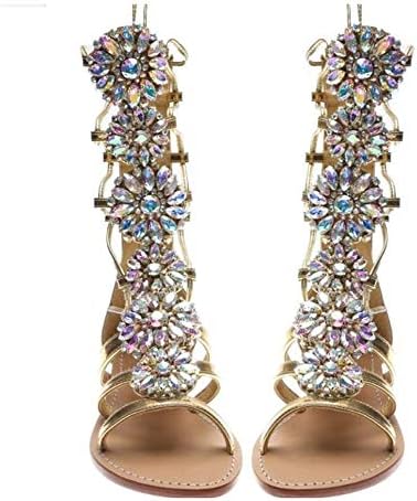 Women's Flat Rhinestone Summer Bandage Bling Sandals Gladiator Wedding Bridal Banquet High End Dress Sexy Silver Gold Beach Sandals (gold 39)