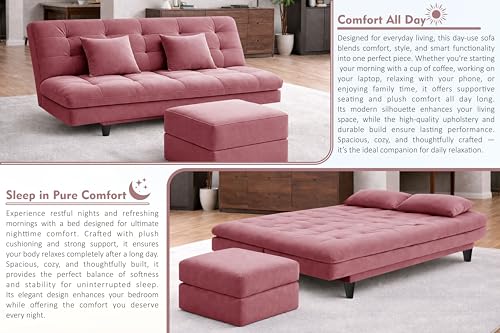 Image of Rosebell Modern Three-Seater Sofa Cum Bed - Foldable Velevt Fabric Sofa, Foam Seating, Stylish Design for Living Room, Guest Room & Office-Rose Pink