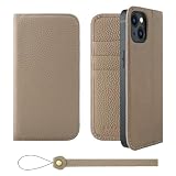 HANATORA for iPhone 14 ケース 手帳型 本革 スマホケース スマホ スタンド ストラップ 付き シュリンクカーフレザー ベルトなし マグネットなし グレージュ H0XA-14-Grege ギフト 誕生日 女性 男性 彼女 お母さん お父さん 人気商品 30代 40代 50代 60代 70代
