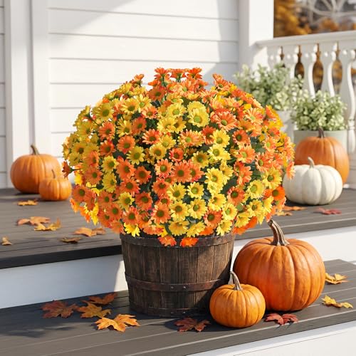 Image of HyeFlora Artificial Mums for Outdoors Fall Decor, 6 Bundles Fake Flowers UV Resistant Realistic Faux Flowers Bouquet Silk Flowers for Outside Planter Porch Patio Garden Yard Balcony Home, Mix