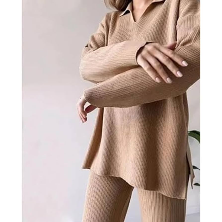 SWAN LAKE Two-piece Top ベージュ LONGSAO V-Neck Casual Slit Knitted Two-Piece Set, Long