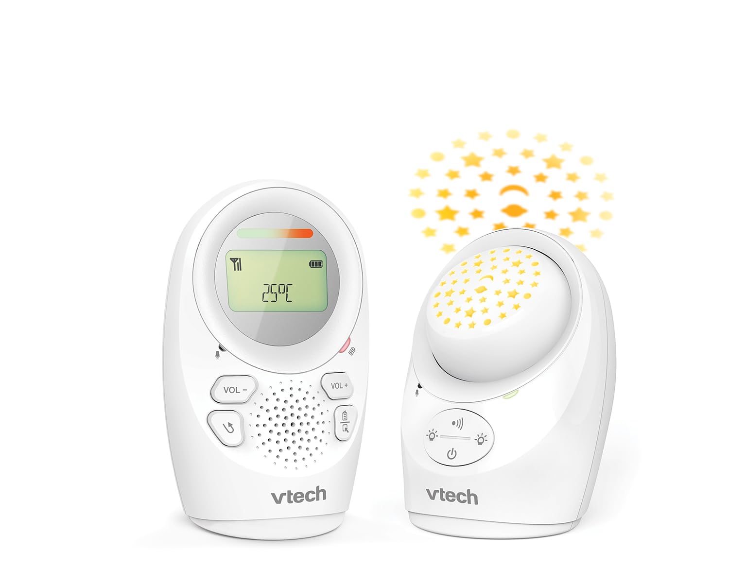 Vtech DM1212 Digitales Audio-Babyphon – DECT-Technologie, Gegensprechfunktion, Geräuschpegelanzeige, Temperatursensor, Sternenhimmel-Nachtlicht u. v. m. – Mit Eltern- und Babyeinheit