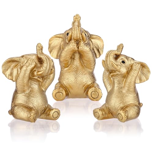 Set de Tres Figuras Decorativas de Elefantes de Resina Dorada miniatura 1