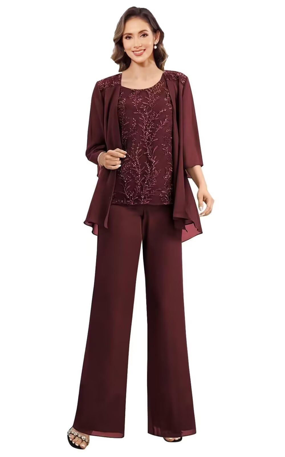 3 Pieces Mother of The Bride Pant Suits for Women Dressy Sequin Appliques Formal Wedding Dress with Jacket