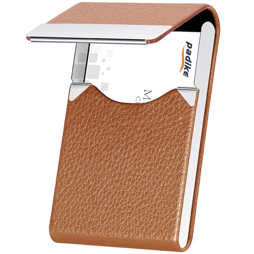 Image of Padike Leather Business Card Holder Metal Business Card Case Slim Professional Name Card Holder with Magnetic Shut (Apricot)