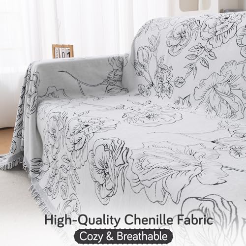 Image of HOKIPO Premium Chenille Printed Sofa Cover Throw Blanket 320 GSM for 3 Seater - All Season Use, 'Serene Abode Series' White Rose Garden (180x310 cm) (AR-6633-D1)