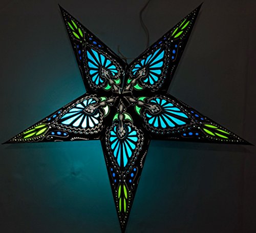 Hummingbird Paper Star Lantern (Firoza Blue on Black) by UMTA
