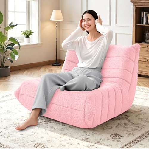 Image of Bean Bag Chairs Fireside Lazy Floor Sofa,Single,Pink | Soft Teddy Fleece Bean Bag Sofa with High-Resilience Foam Filling,Beanbag for Living Room, Bedroom, Office