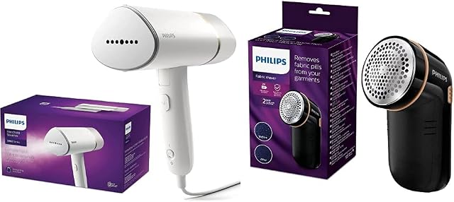 Philips Handheld Steamer 3000 Series, Compact and Foldable, 1000W, up to 20g/min, STH3020/16, White & Philips Fabric Shaver, quick and effective removal of pills and bobbles ,Black - GC026/80