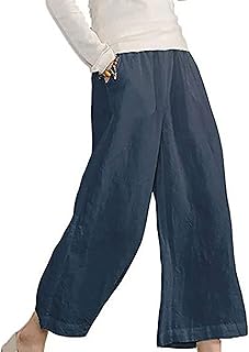 Linen Pants Women Loose Casual Soild Color Elastic Waist Pull on Cropped Trousers with Pockets Beach Vacation