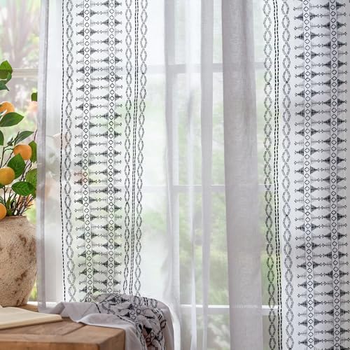 jinchan Floral Linen Sheer Boho Curtains 84 Inch Rod Pocket 2 Panels Gray