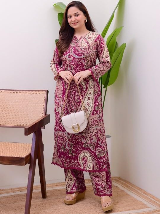 Women's Paisley Print Kurta Set with Palazzo,Long Sleeve, Traditional Ethnic Wear-picture-53