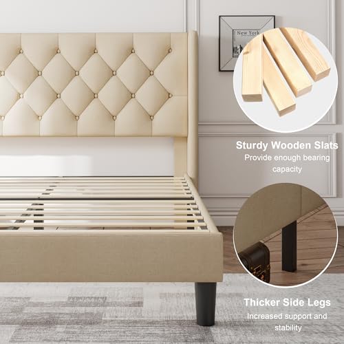 Image of Feonase Full Size Bed Frame with Upholstered Wingback Headboard, Platform Bed and Heavy Duty Wooden Slats Support, Easy Assembly, Noise-Free, No Box Spring Needed, Beige