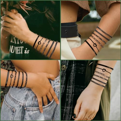 14K Real Gold Plated Cuff Bracelet Bangle Jewelry Set Stackable Trendy Dainty Love Heart Knot Infinity Beaded Ball Paperclip Chain Minimalist Bracelet,6 styles2