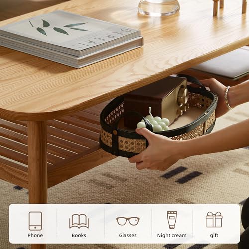 Image of Solid Oak End Table Wood Coffee Table, Modern Simple Style, Double-Layer, Rectangular, Natural Oak, Storage, for Small Spaces (Oak,47.2 inch x 22.0 inch x 16.5 inch)