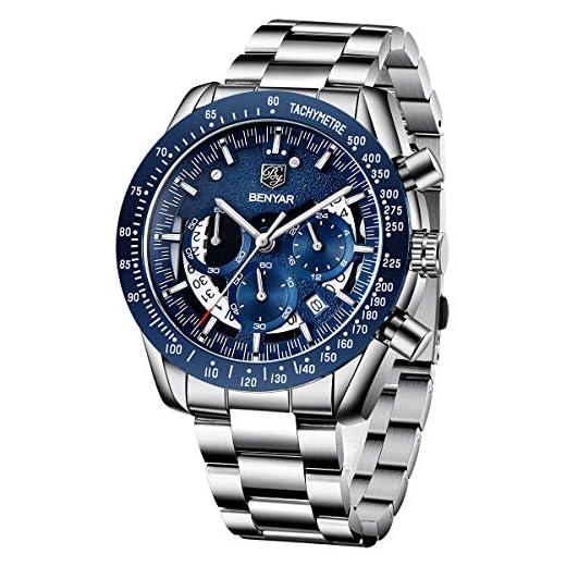 BENYAR Reloj Cronógrafo para Hombre Movimiento de Cuarzo Moda Negocios Deportes Watch Pulsera de Acero Inoxidable 30M Impermeable Elegante Regalo de los Hombres