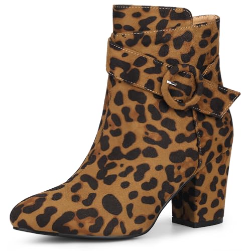 Allegra K Botines de tacón de bloque con punta redonda para mujer, Leopardo, 42 EU