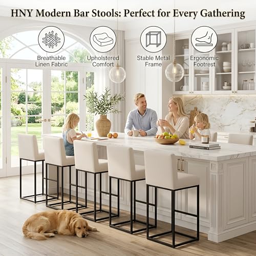 Image of HNY Modern Counter Height Bar Stools Set of 4, Linen Upholstered Kitchen Island Stools with Backrest, 31 Inch Bar Stools with Black Metal Frame, Cream