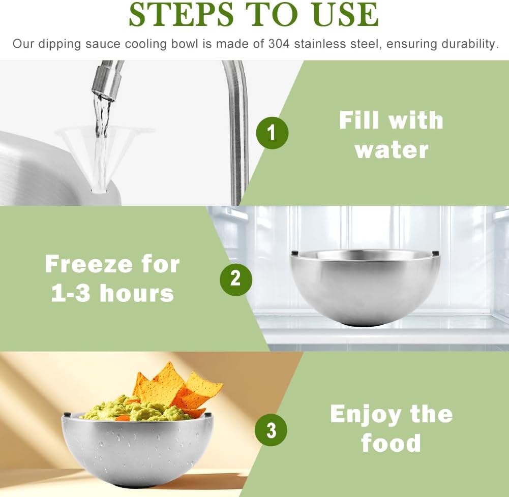 35oz Dip Chiller Bowl,Double Walled Insulated Ice Serving Bowl,Heat Insulated Stainless Steel Bowls for Parties Salsa,Guacamole,Condiments,Sauces,Salad & Food Hot or Cold (silver,Size:20*20*8.5cm)