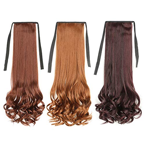 CXYP Tie Up Ponytail Extensions 18Inch Synthetic Drawstring Ponytail Hair 3 Pieces Curly Wavy Clip In Ponytail Hairpieces (wine red #30 #33)