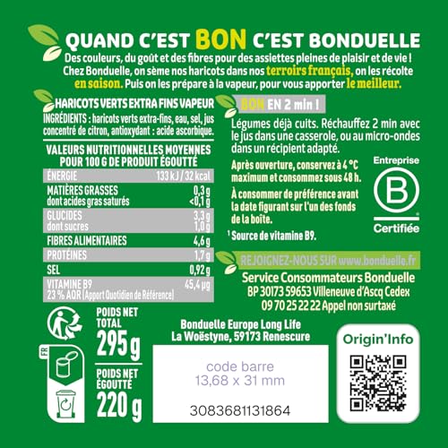 BONDUELLE - Haricots Verts Extra-Fins - Cuits à la Vapeur - Nutri-Score A - Boîte de Conserve 590 g (Lot de 2)