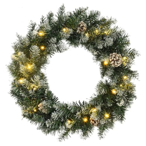 Christmas Wreath with LED Lights, Green 45 cm PVC, Weather-Resistant for Indoor Outdoor Holiday Decor, 20 Warm LEDs, Pine Cones, Snow Effect, 90 Tips