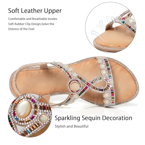 Image of iCKER Womens Rhinestone Strappy Flat Sandals Elastic Ankle Strap Open‑Toe | Sparkling,for wedding,party,evening dates,special occasion,Vacation,Formal