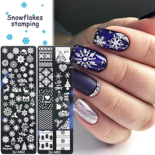 Kitbe, Winter Snowflakes Nail Stamper Template Kit 6 Pcs Plates Set With 1 Silicone Stamper 1 Plastic Scraper Christmas Snow Deer Bells Pine Tree Nail Stamping Stencils For Nail Art Nail Tools #TOP3