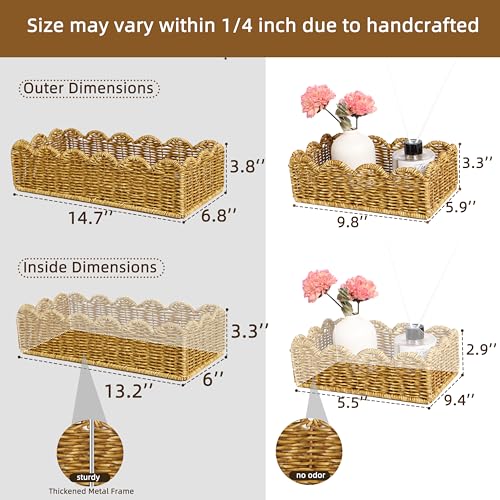 Image of Scalloped Toilet Paper Basket - Resin Wicker Water-Resistant Storage Toilet Tank Topper Boho Style Set of 2