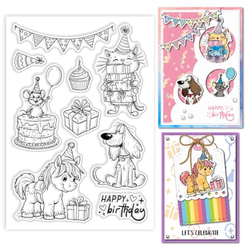 GLOBLELAND Transparente Stempel Mit Geburtstagstieren Für Die Kartengestaltung Geburtstagstorte Katze Hund Ratte Pferd Silikon Transparentstempel Party Stempel Siegel Für DIY Scrapbooking Prägung