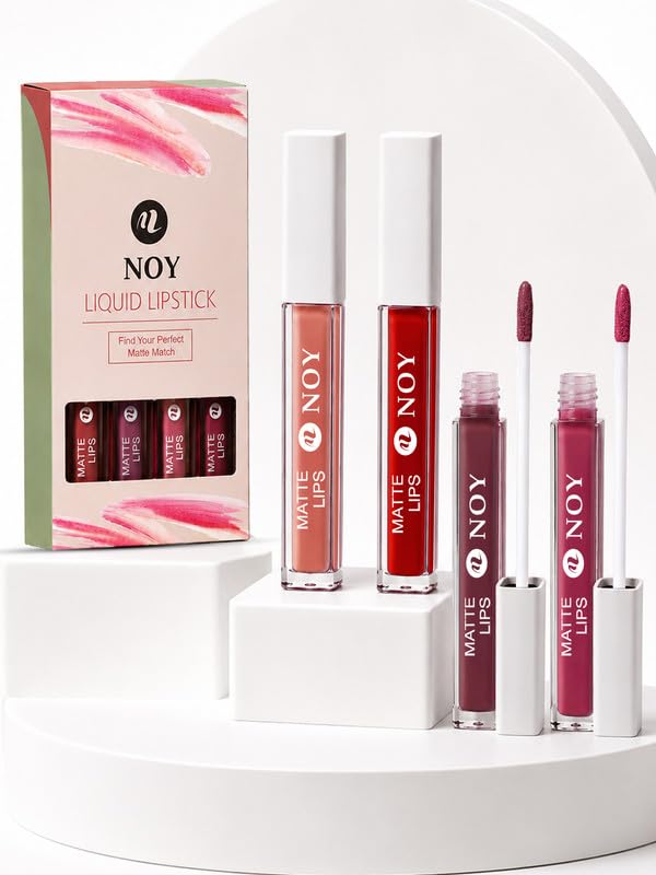 Image of Noy Liquid Lipstick Combo The Perfect Blend of Comfort and Color - Creamy Nude, Red Magenta, Dark Maroon, Venetian Red Shades Pack of 4