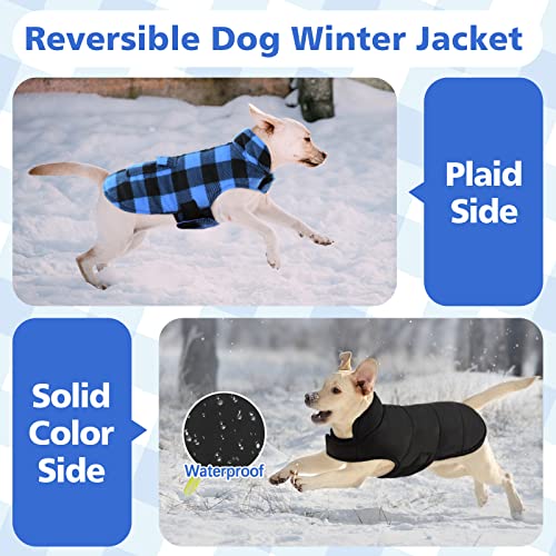 Kuoser Cozy Dog Winter Coat, Windproof Dog Jacket British Style Plaid Cold Weather Dog Coat Reversible Warm Dog Vest For Small Medium Large Dogs Blue S #TOP4