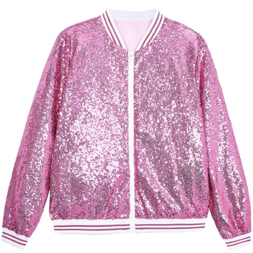A ARFAR Women Sequin Jackets Striped Collar Glitter Varsity Bomber Sparkly Coat Party Outwear Lightweight Ladies Cloth