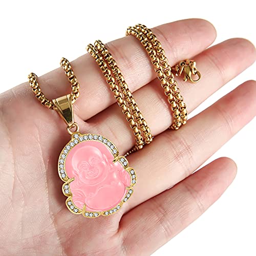 P.BLAKE Laughing Buddha Buddah Necklaces For Women Men, Ice Out Buddha Pendant For Men Women with Stainless Steel Gold Chain 24 inches