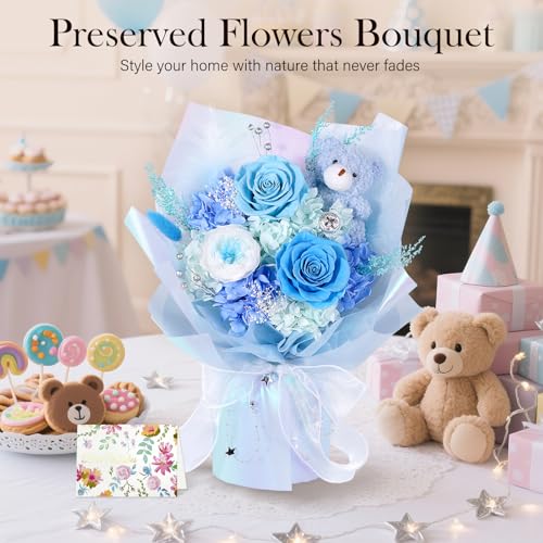 Image of Preserved Flowers Bouquet with Bear, Real Forever Flowers for Delivery, Long-Lasting Blue Eteranl Roses Bouquet, Anniversary Birthday Gifts for Women Mom Her Girlfriend Wife