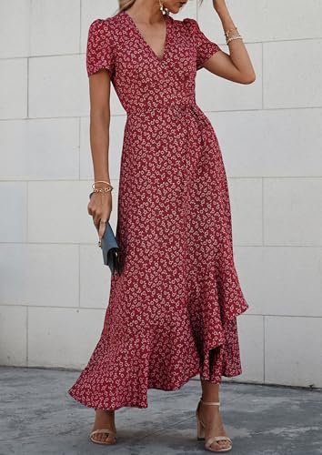 Image of PRETTYGARDEN Women's Summer Wrap Maxi Dress Casual Boho Floral V Neck Short Sleeve Ruffle Hem Split Beach Long Dresses