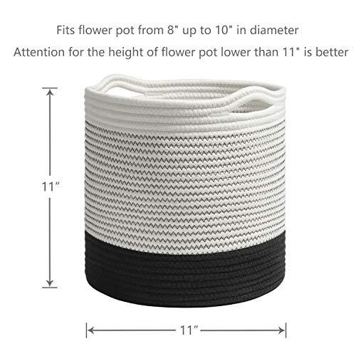 TIMEYARD Woven Cotton Rope Plant Basket for 10" Flower Pot Floor Indoor Planters, 11" x 11" Storage Basket Organizer Modern Home Decor, Black and White Stripes