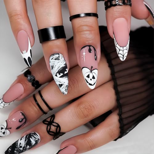 GlamRays 24 Stück Halloween Uñas Postizas Blanco Negro Fantasma Largo Stiletto Uñas con Telaraña Calabaza Diseño Cobertura Total Uñas Falsas para Mujeres Niñas