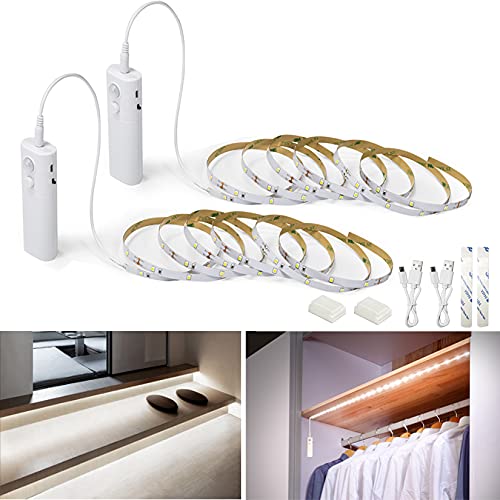 Rechargeable Motion Sensor Strip Light, WOBANE LED Closet Lights, Upgraded Battery Operated LED Strip Light for Wardrobe,Stair,Pantry,Under Counter,Cupboard,Cabinet,Bed,4000K Daylight,6.56ft,2 Pack