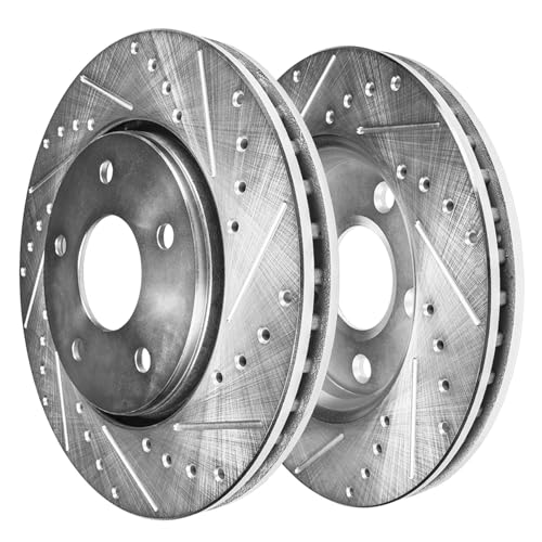 Image of Detroit Axle - Front Brake Kit for 1995-2000 Dodge Stratus Plymouth Breeze Chrysler Cirrus Drilled & Slotted Disc Brake Rotors Ceramic Brakes Pads 1996 1997 1998 1999 Replacement [11.10 inch Rotors]