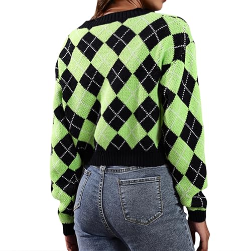 Wowcarbazole Women's Knit Cardigan Sweaters Long Sleeve Argyle Open Front Button Down V Neck Cropped Coats Casual Trendy Tops2