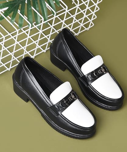 Image of JM LOOKS Elegant Two-Tone Slip-On Loafers with Block Heel and Sophisticated Metallic Bit Ornament for Formal Wear