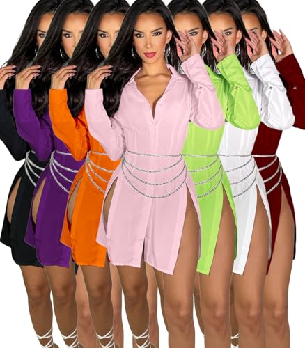 Image of Shirt Dress for Women Sexy Button Down Date Night Dresses Ruched Slit Stand Collar Long Sleeve Blouses
