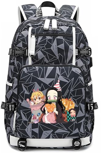Demon Backpack Nezuko Bag Casual Schoolbag with USB Charging Port for Travel, College, Work (Design-#3, Multicolor Grey)