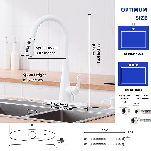 HGHGK Kitchen Faucet with Soap Dispenser and Pull Down Sprayer - Stainless Steel Single Handle Kitchen Sink Faucet, 1 or 3 Hole Design for Modern Farmhouse Kitchens, Rv, and Bar Sinks(White)