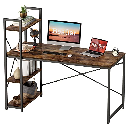 Bestier Computer Desk with Storage Shelves - 55 Inch Home Office Desks with Reversible Bookshelf Shelf with Desk - Plenty Leg Room and Easy Assemble, Rustic Brown