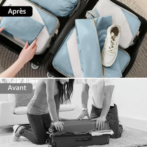 SYEXDZON Packing Cubes Compression, 8 pièces Extensible Packing Cubes de Voyage pour Sac à Dos, Ultraléger Organisateur de Voyage pour Bagage à Main (Bleu) – vue 4