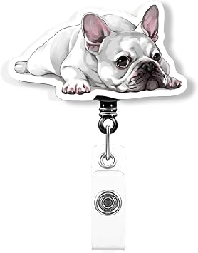 WIRESTER Retractable Badge Reel ID Holder with Alligator Clip for Office Worker, Medical Staffs, Nurse, Doctor, Teacher, Student - French Bulldog Dog Lying Down Looking Up
