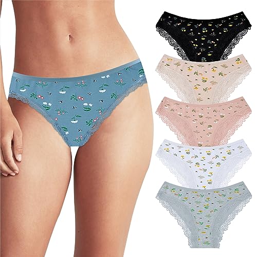 POWER FLOWER Brasileño Ropa Interior de Algodón para Mujer Braguitas de Bikini de Encaje Ropa Interior Cómodas y Elegante para Mujer (6 Piezas) (60127-1, L-XL)