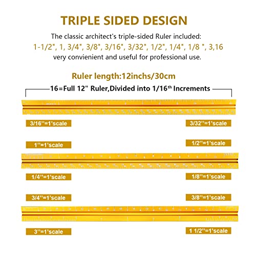Architectural Scale Ruler, Imperial Measurements 12'', Laser-Etched Aluminum Architect Triangular Ruler Gold for Architects, Students, Draftsman, and Engineers by mveohos - Thumbnail 2